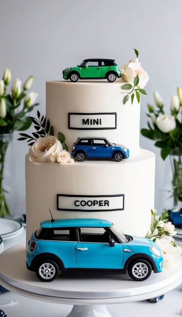 A two-tiered white cake adorned with mini replica cars of various colors on each tier. The cake is labeled "MINI COOPER." Surrounding the cake are white flowers and more mini car replicas on white plates.