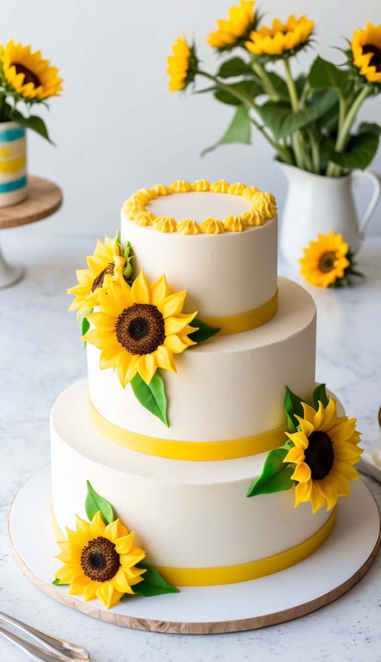A sunflower white chocolate cake displayed on a table with sunflower decorations and bright, cheerful colors