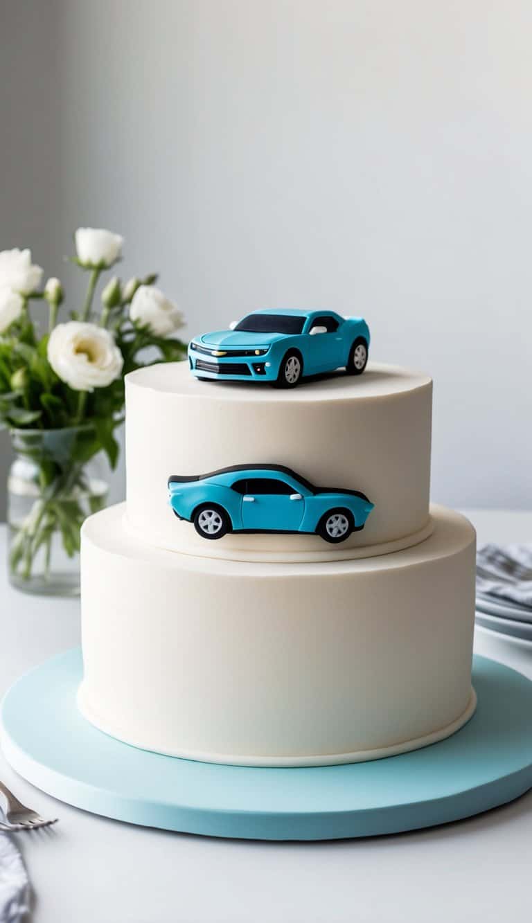 A Chevrolet Camaro cake with fondant car accents on a simple table setting