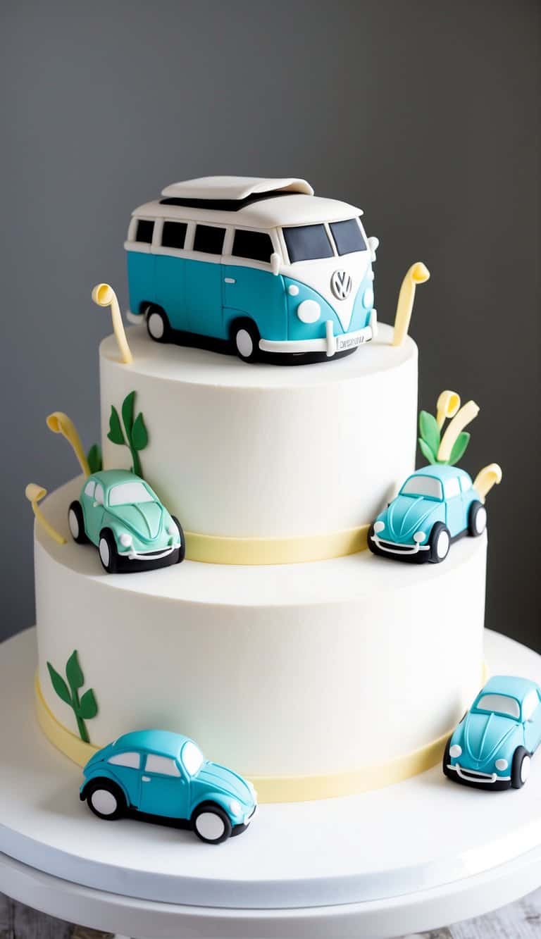A Volkswagen bus cake surrounded by fondant car accents and decorations