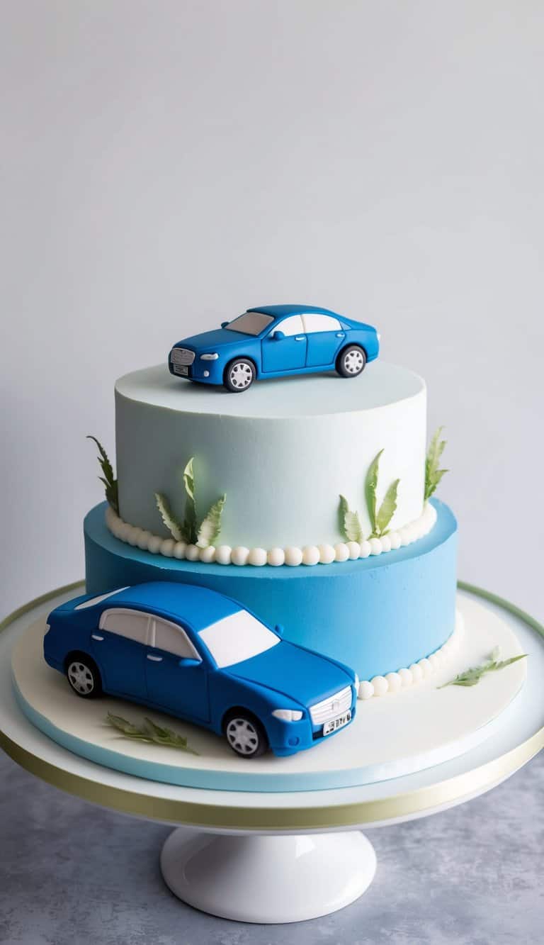 A blue sedan-shaped cake with realistic fondant car accents and details