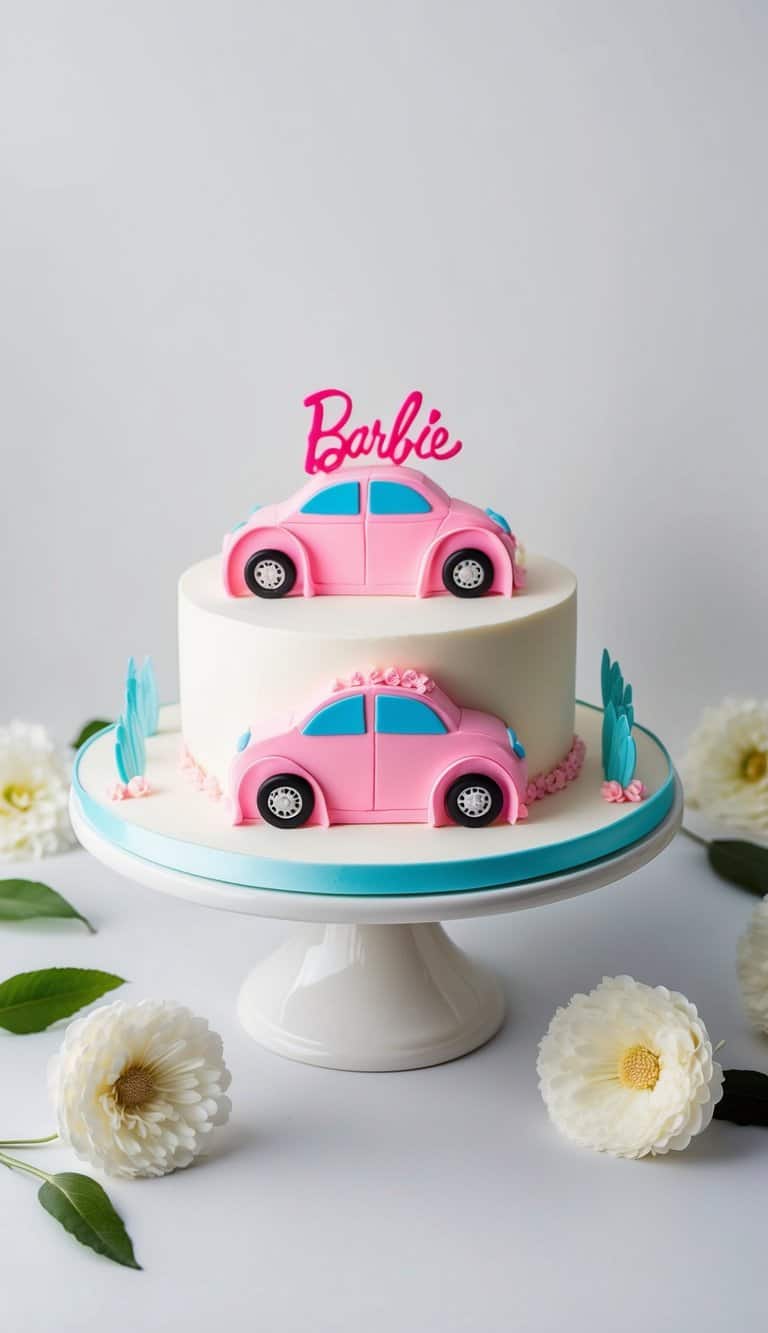 A Barbie Dream Car Cake surrounded by fondant car accents and decorations