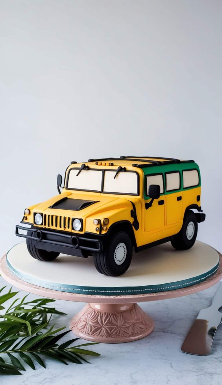 A colorful, detailed cake shaped like a classic Hummer, with fondant car accents and intricate detailing, set on a decorated cake stand