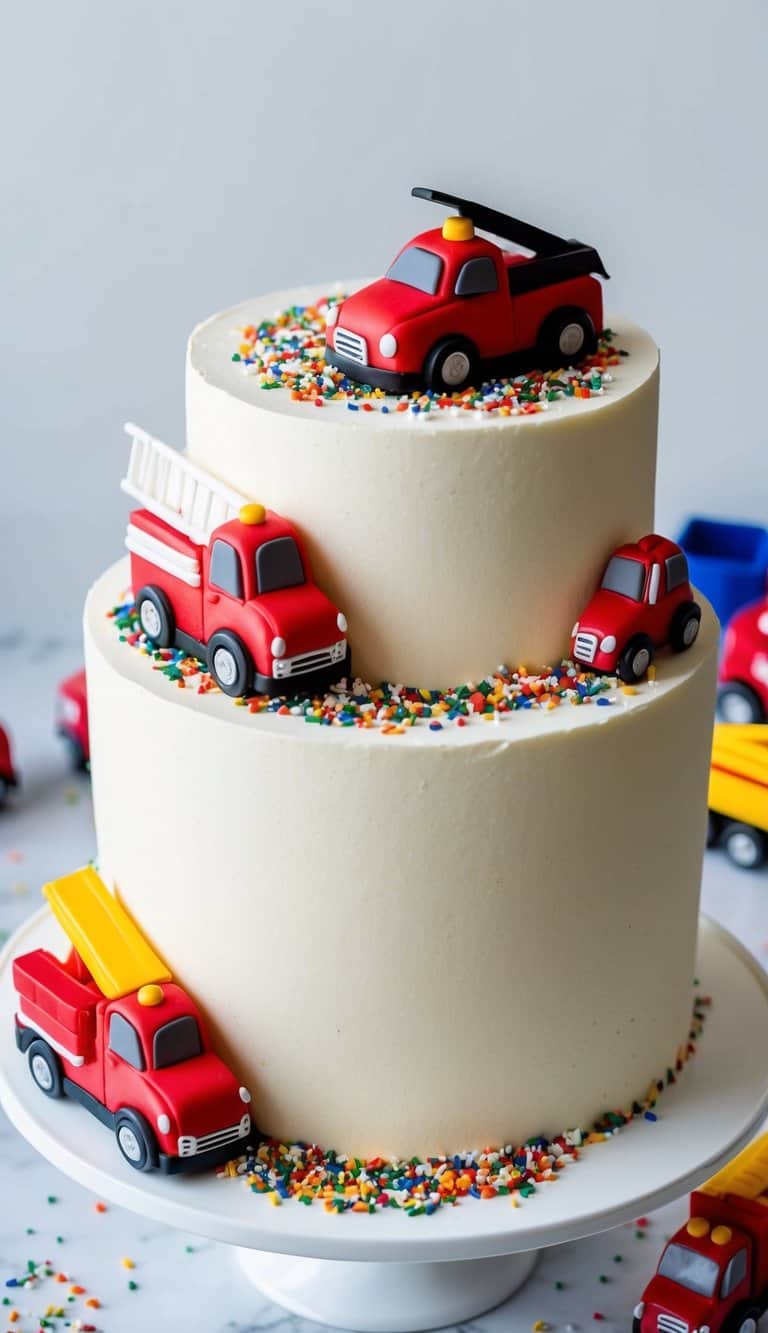 A fire engine cake with fondant car accents surrounded by colorful sprinkles and toy fire trucks
