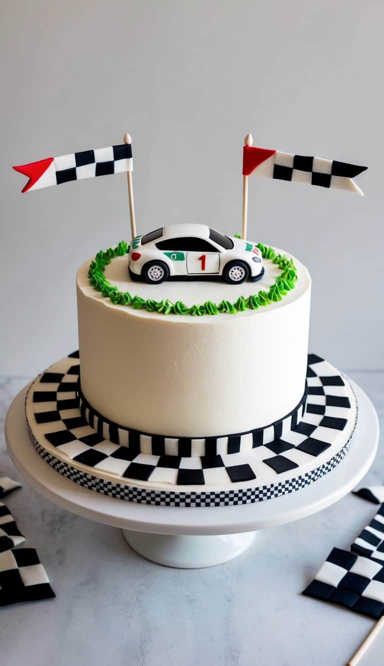 A rally car cake with fondant car accents, surrounded by racing flags and checkered patterns
