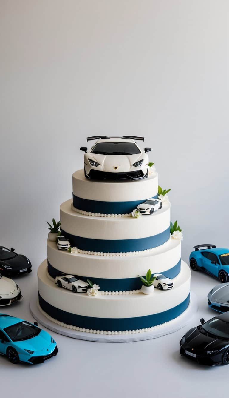 A Lamborghini-shaped cake surrounded by various car-themed decorations and accessories