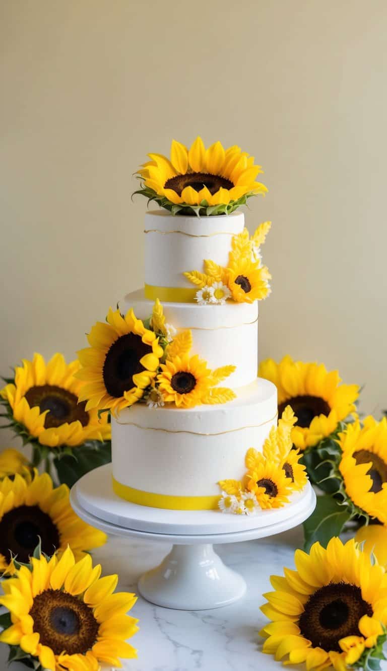 A sunflower honey cake sits on a table surrounded by vibrant sunflowers and bright yellow decor