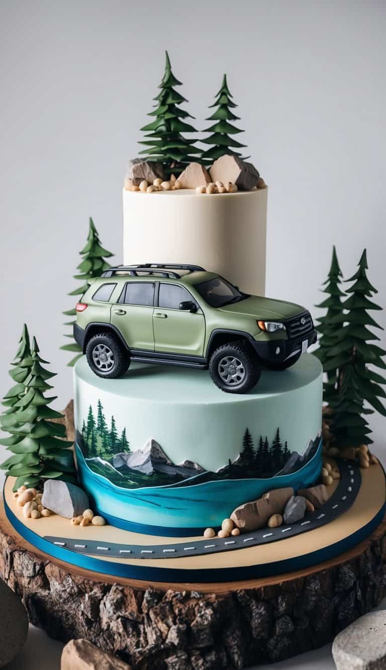 A realistic SUV cake on a rugged terrain with adventurous elements like trees, rocks, and a winding road