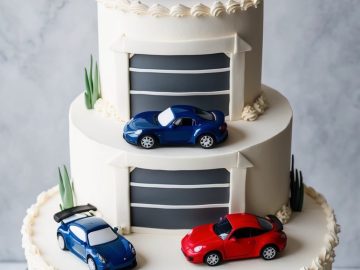 Two-tiered cake with white frosting, decorated to resemble a garage with three toy sports cars: red on top, two cars (red and blue) on the middle tier, and one blue car on the bottom. Cake is on a gold stand against a marble backdrop.