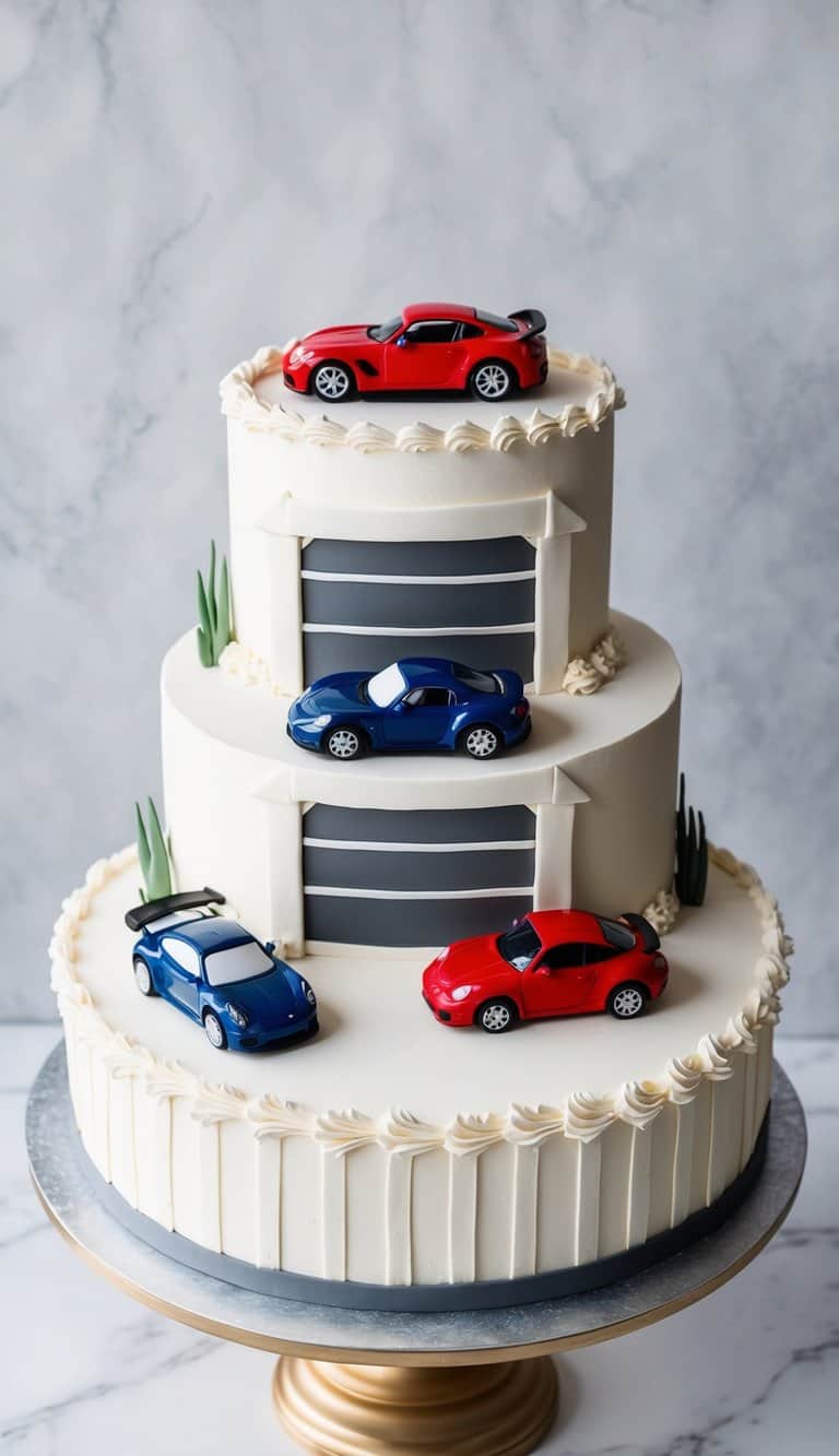 A car garage cake with realistic car models and play elements