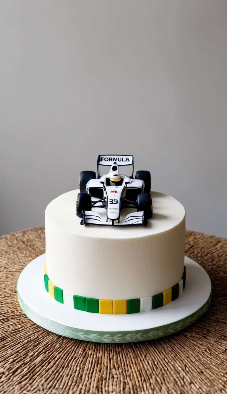 A 3D Formula One cake with fondant car accents on a decorated table