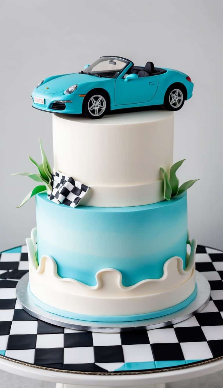 A convertible car cake with realistic details, parked on a checkered racing flag background