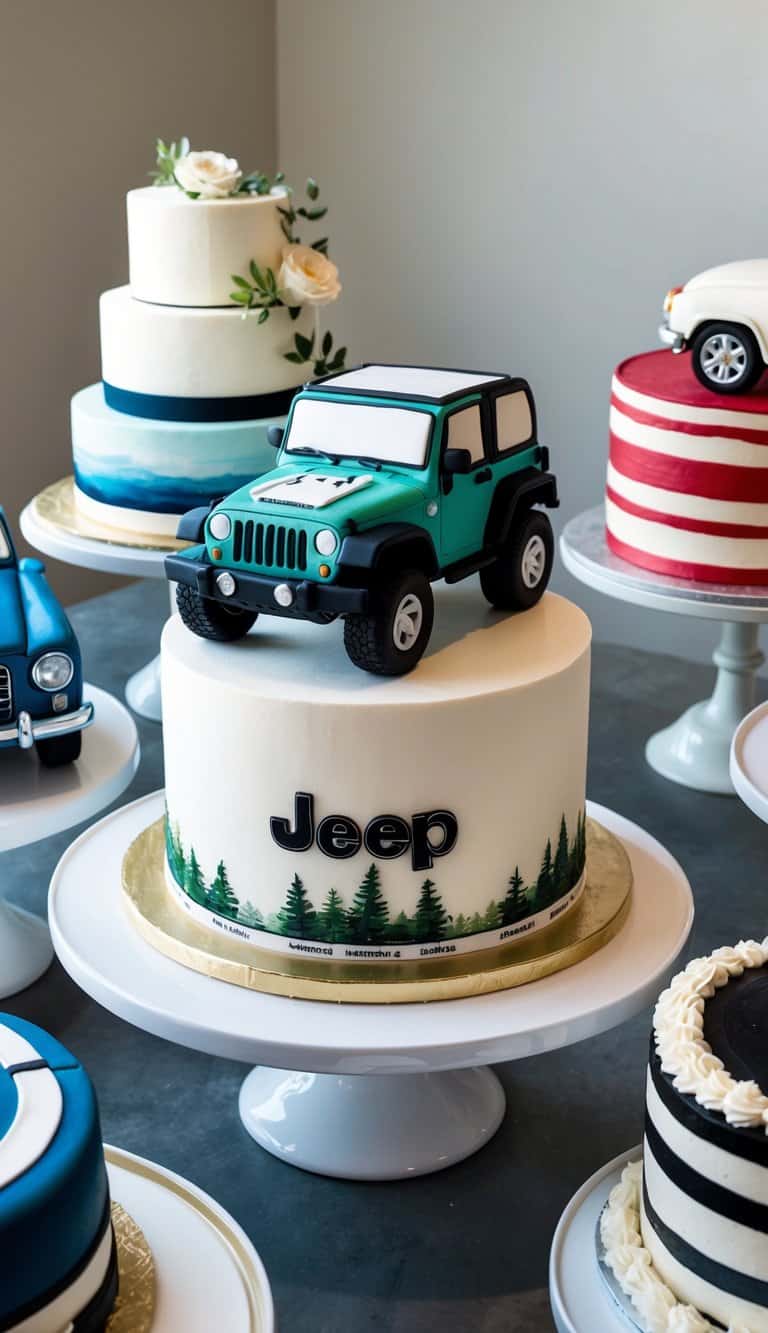 A Jeep Wrangler cake sits on a table surrounded by other car-themed cakes. The cakes vary in size and design, from realistic car models to playful interpretations