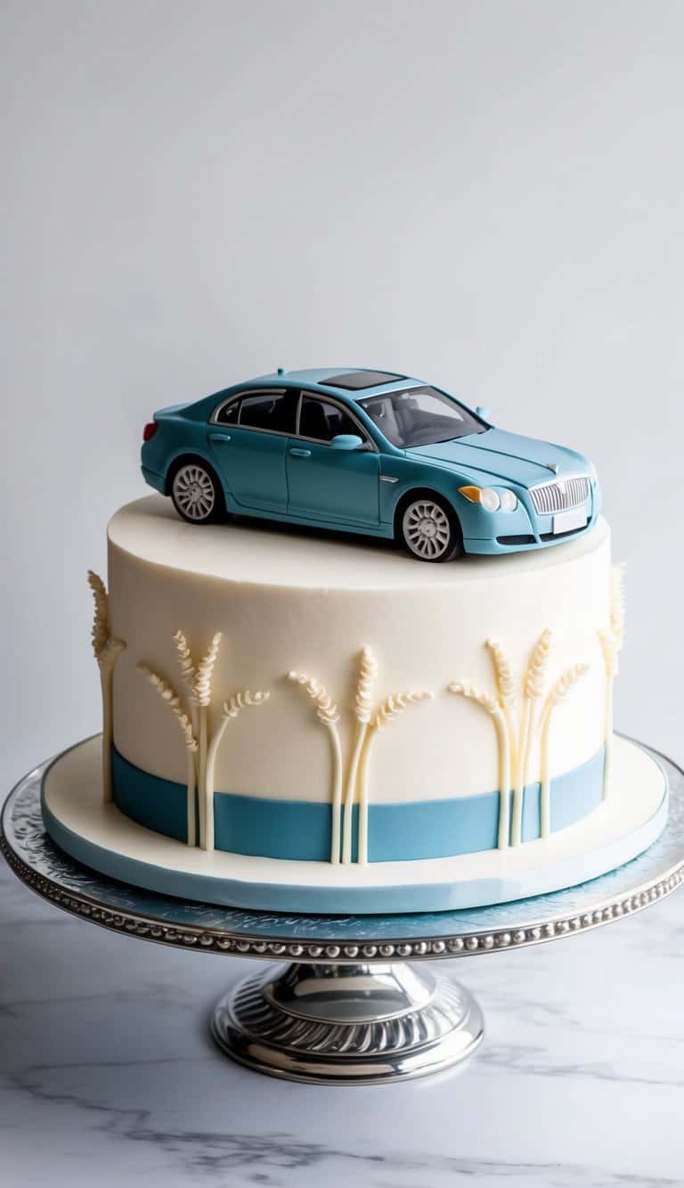 A luxury sedan cake with fondant car accents on a decorative cake stand