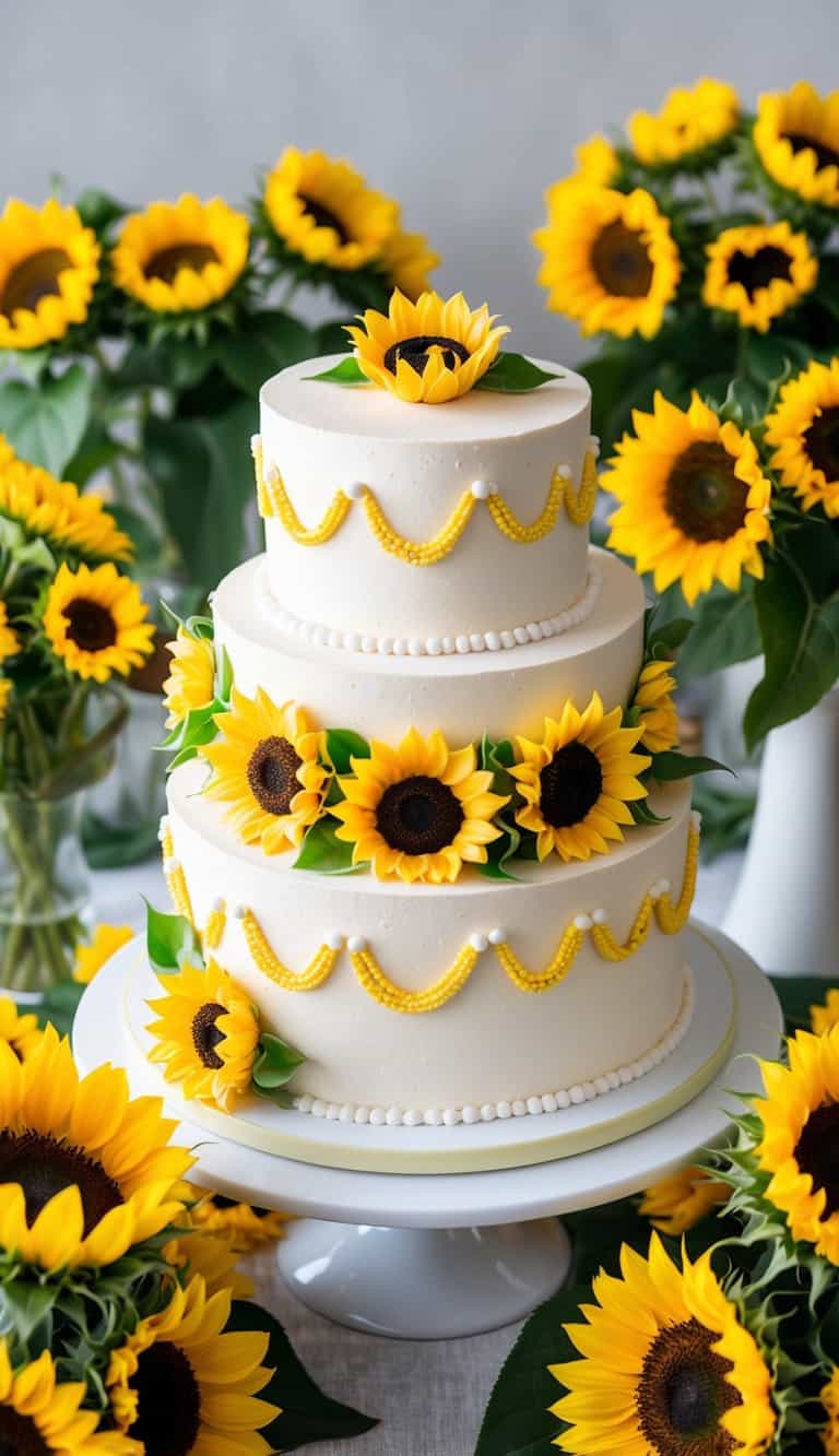 A sunflower surprise cake sits on a table surrounded by vibrant sunflowers and greenery, creating a cheerful and celebratory atmosphere