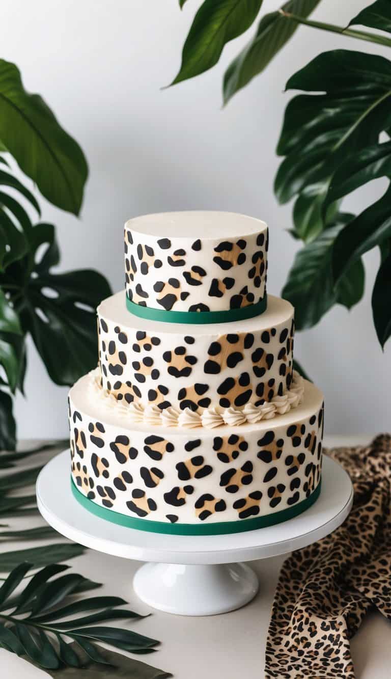 A cheetah spot cake surrounded by jungle foliage and animal prints