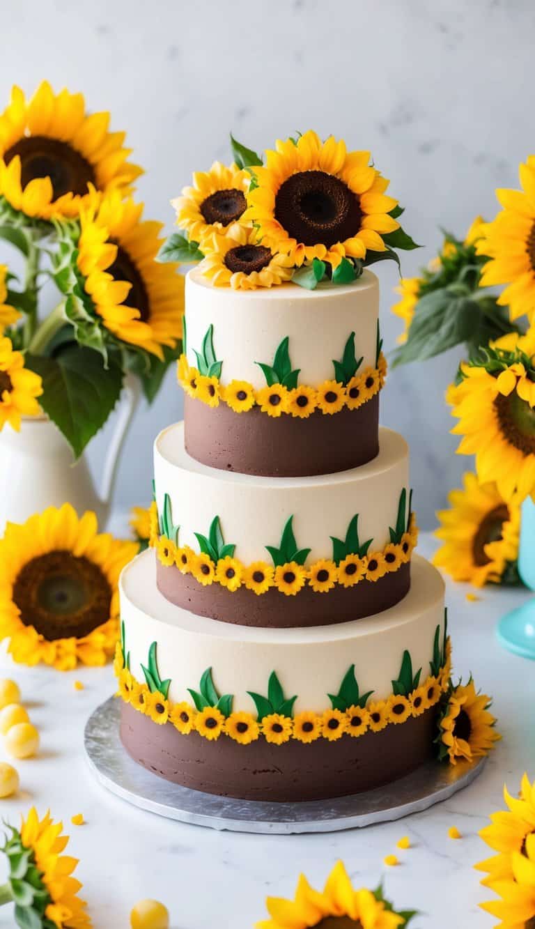 A sunflower milk chocolate cake sits on a table surrounded by vibrant sunflowers and cheerful decorations