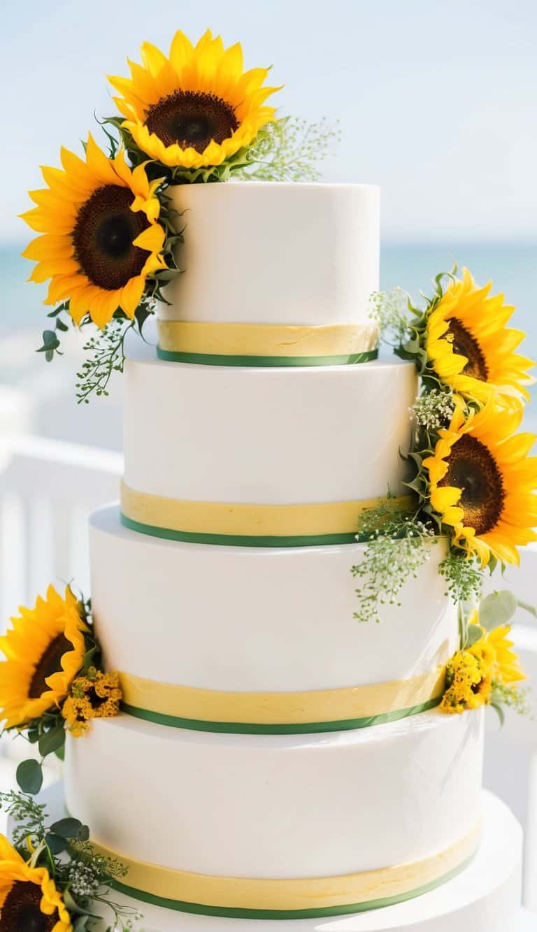 A tiered wedding cake adorned with sunflowers and greenery, set against a bright and sunny backdrop