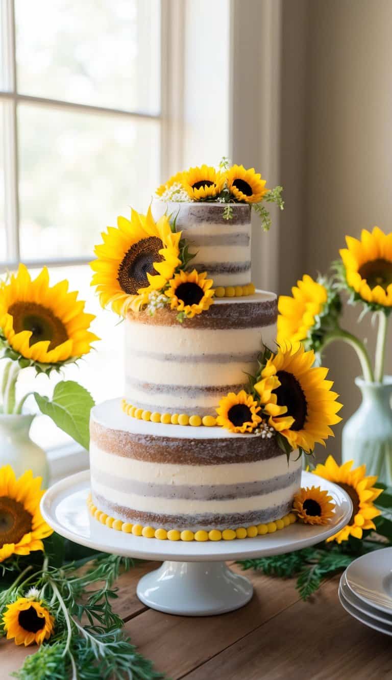 A rustic sunflower cake sits on a wooden table, surrounded by vibrant sunflowers and greenery. The warm sunlight filters through a nearby window, casting a soft glow on the cheerful scene