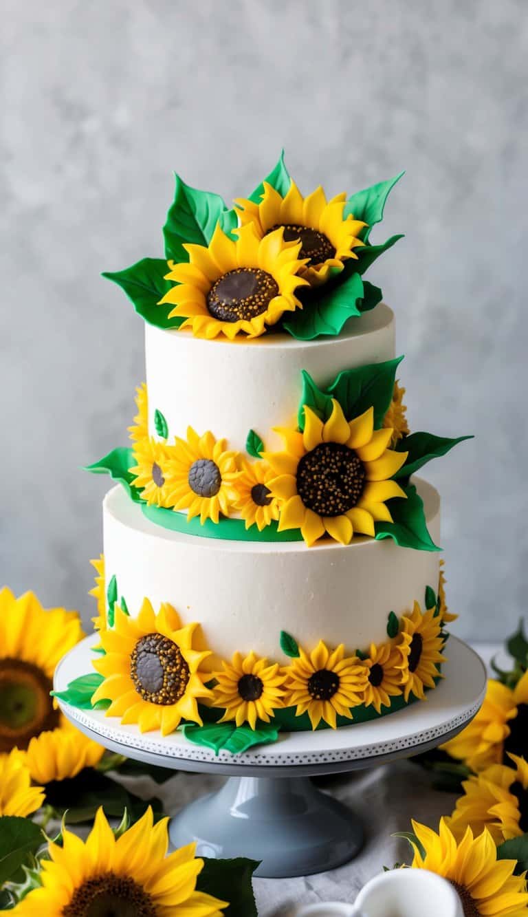 A sunflower-themed graduation cake sits on a table, surrounded by vibrant yellow sunflowers and green leaves. The cake is adorned with intricate sunflower decorations and a bright, cheerful color palette