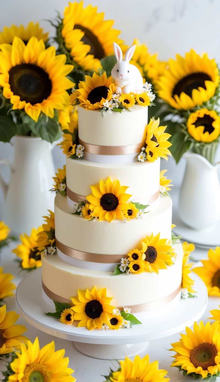 A sunflower Easter cake surrounded by vibrant sunflowers, with a bright and cheerful atmosphere