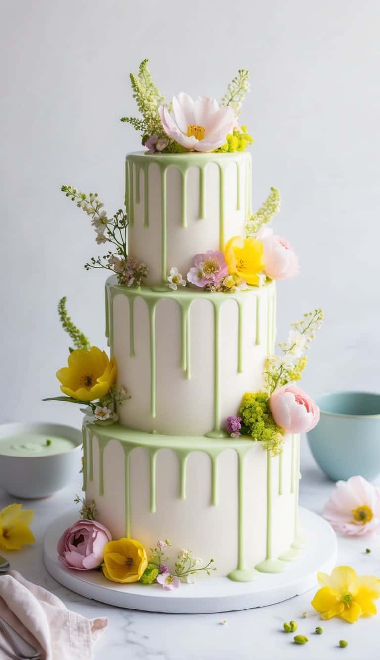 A light drizzle of pistachio cream cascading down a vibrant spring cake adorned with fresh flowers and delicate pastel accents