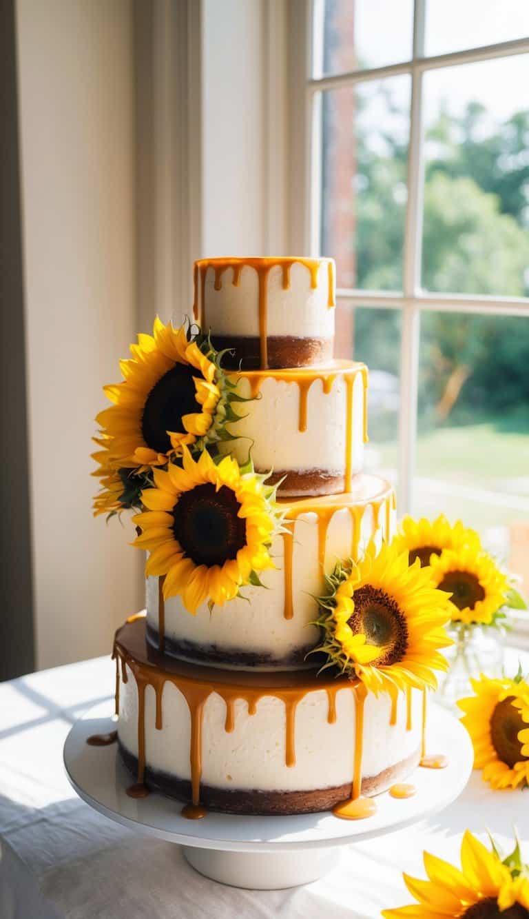 A sunflower cake sits on a table, adorned with vibrant yellow sunflowers and caramel drizzle. Sunshine streams through a nearby window, casting a warm glow on the dessert