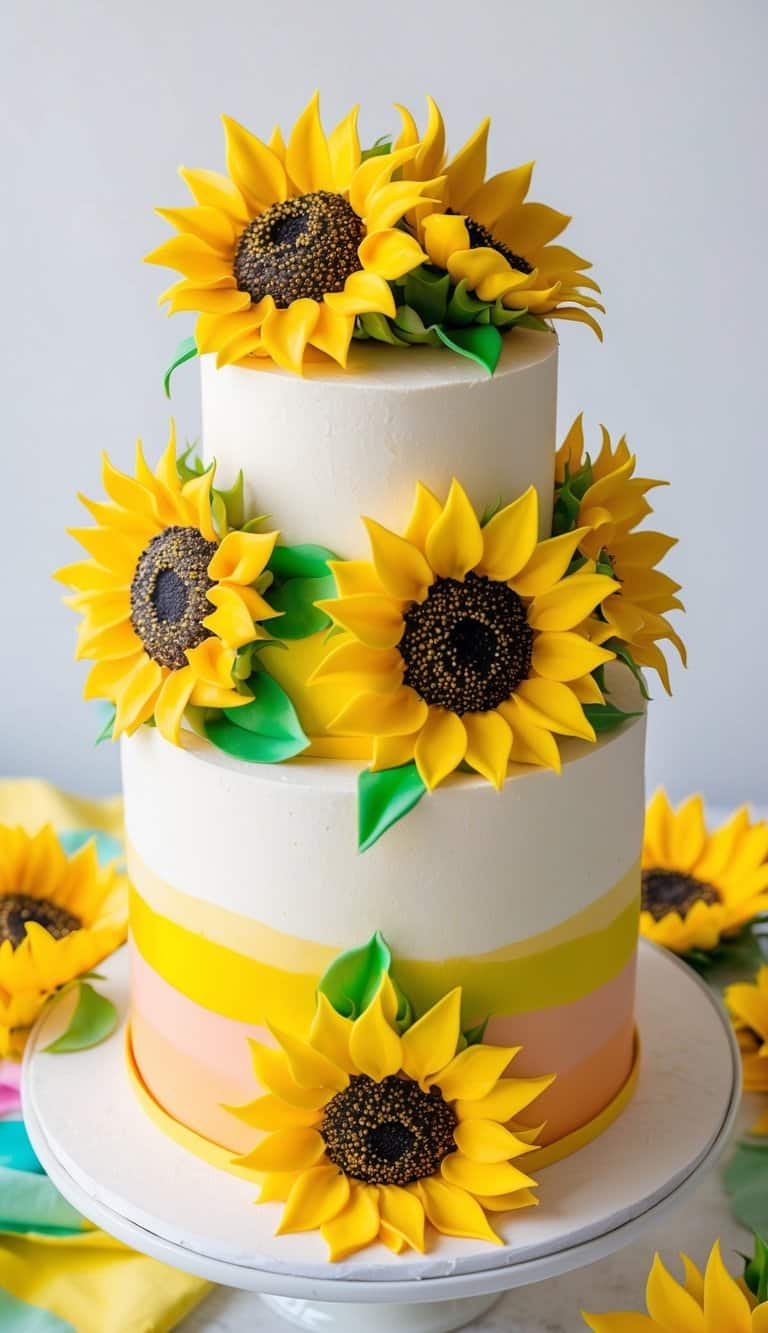 A sunflower cake sits on a table, adorned with vibrant yellow sunflower petals made of icing. The cake is surrounded by cheerful decorations and bright colors