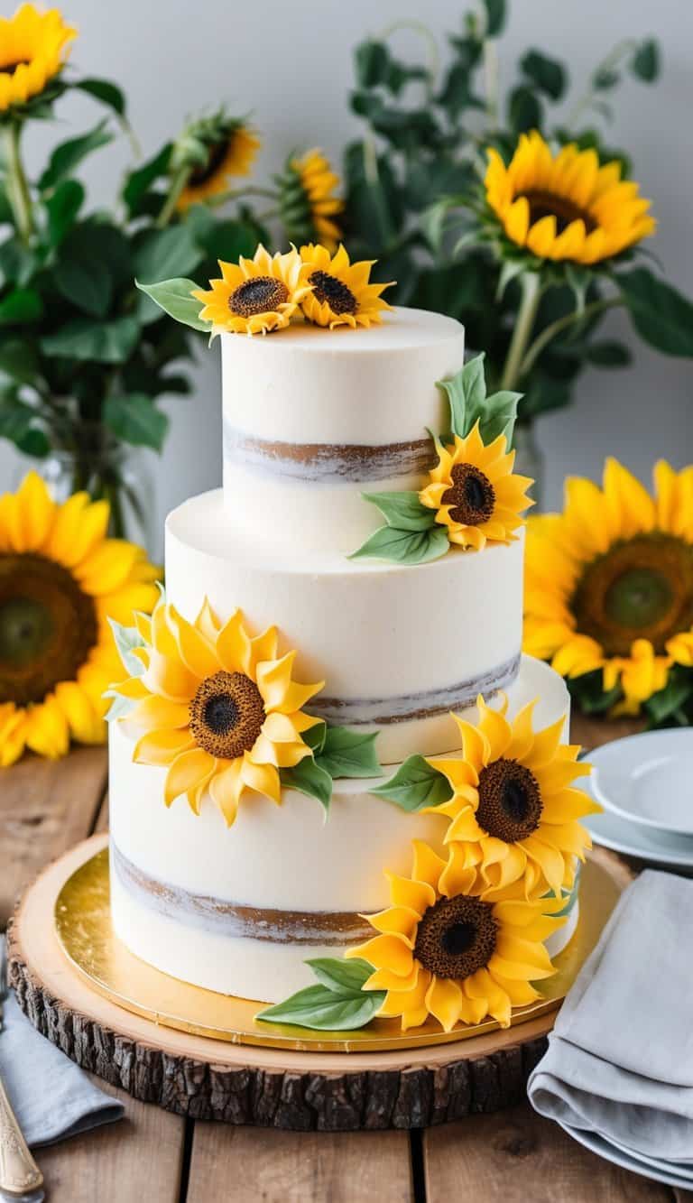 A rustic chic sunflower cake displayed on a wooden table with sunflowers and greenery as a backdrop