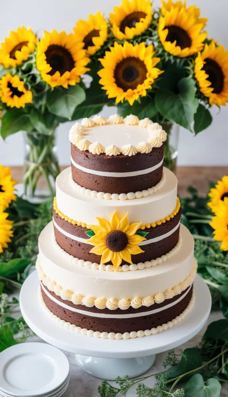 A sunflower brownie cake sits on a table surrounded by vibrant sunflowers and greenery, creating a cheerful and celebratory atmosphere