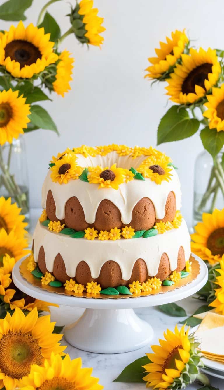 A sunflower bundt cake sits on a table surrounded by vibrant sunflowers and cheerful decorations