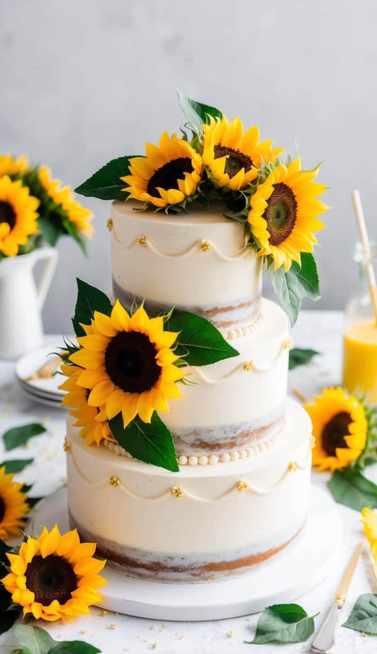 A vanilla sunflower cake sits on a table, adorned with bright yellow sunflowers and green leaves, surrounded by a cheerful and festive atmosphere