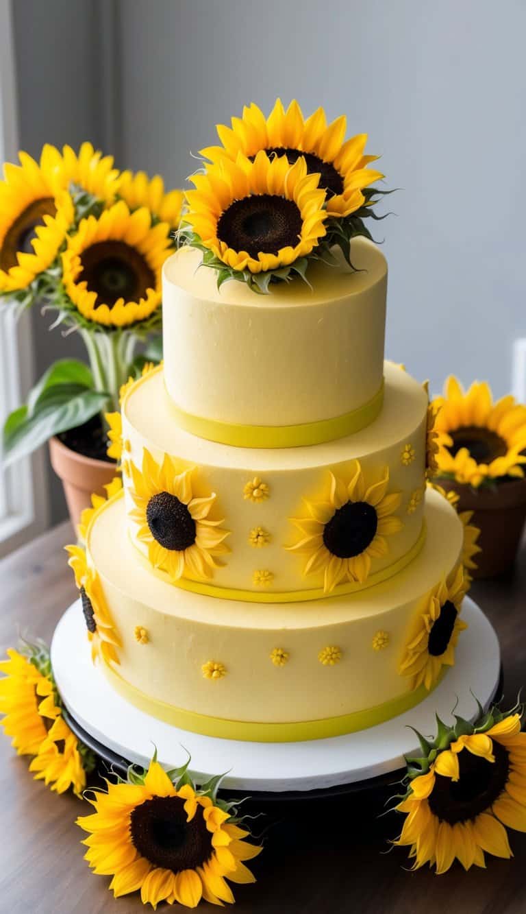 A sunflower-themed cake sits on a table, surrounded by vibrant sunflowers in a flower pot. The cake is decorated with bright yellow frosting and sunflower accents