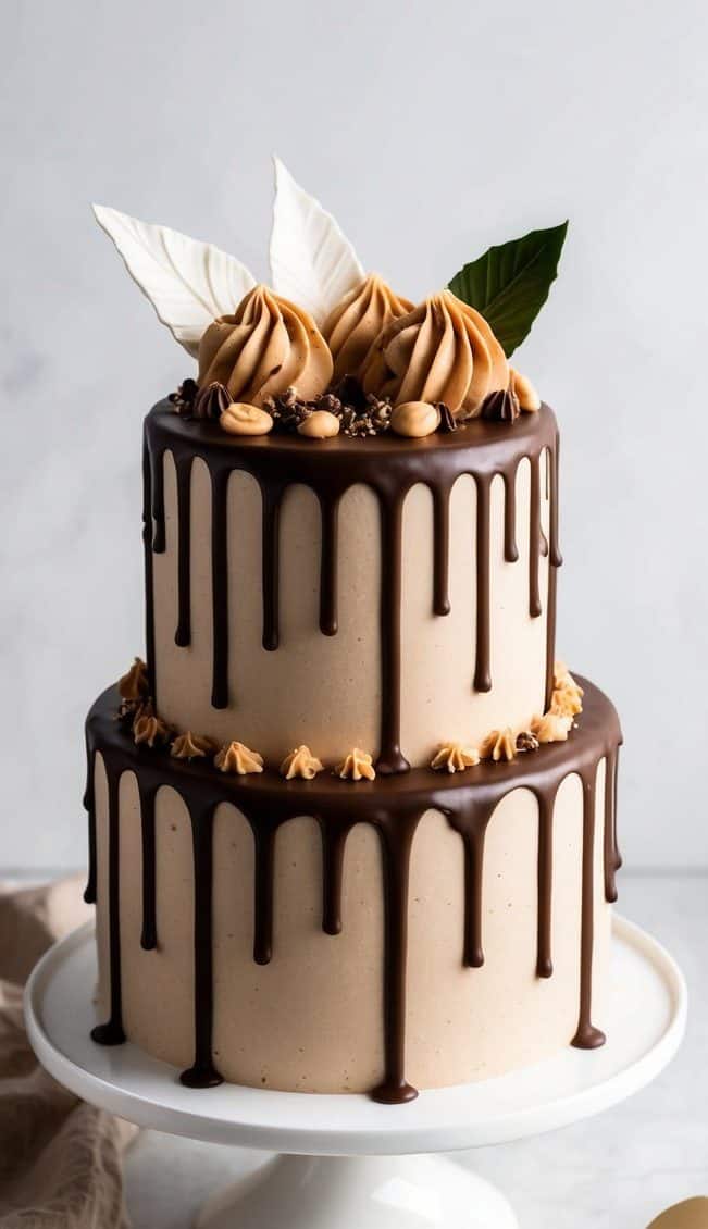 A two-tiered cake with smooth beige frosting and chocolate drip, topped with swirls of frosting, decorative white and green leaves, and small nuts. The cake is displayed on a white stand with a beige cloth and golden spoon nearby.