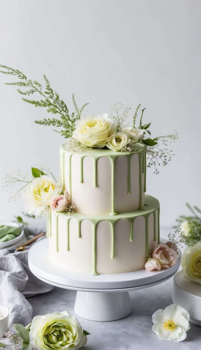 A two-tier cake with light green drip icing, decorated with white and pale pink roses, greenery, and baby's breath, set on a white cake stand. The backdrop is a soft, light background with some loose flowers around.