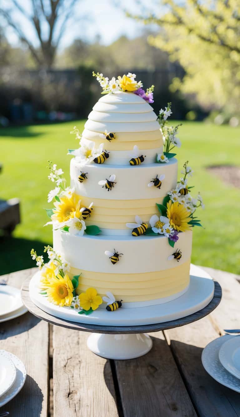 A beehive cake adorned with spring flowers and buzzing bees, set on a rustic wooden table in a sunlit garden