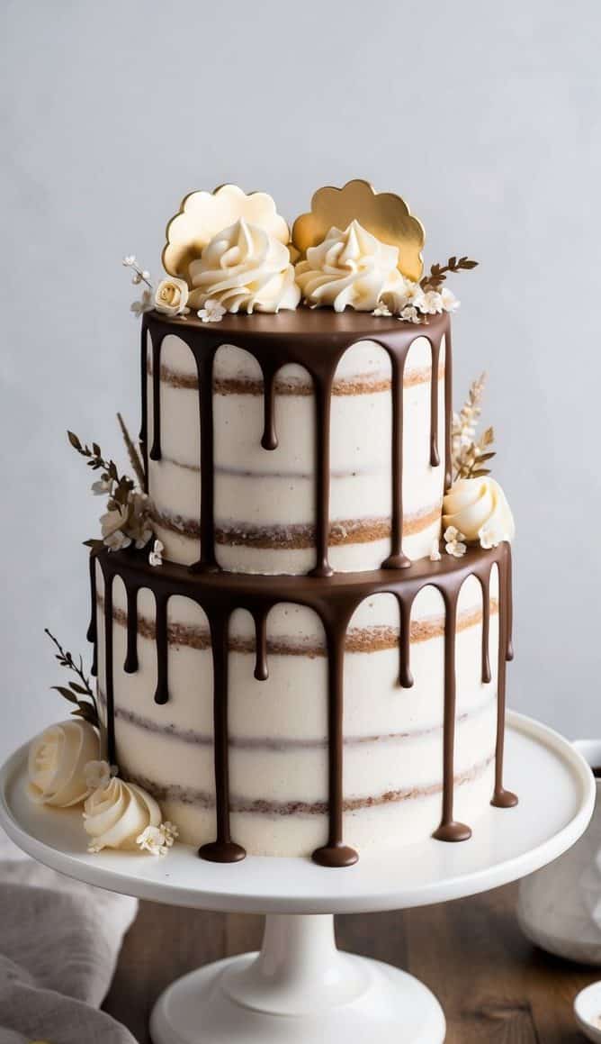 A two-tier naked cake with white frosting, topped with white roses and golden decorations. Chocolate drips elegantly down the sides. The cake is on a white stand, surrounded by subtle tableware on a wooden table.