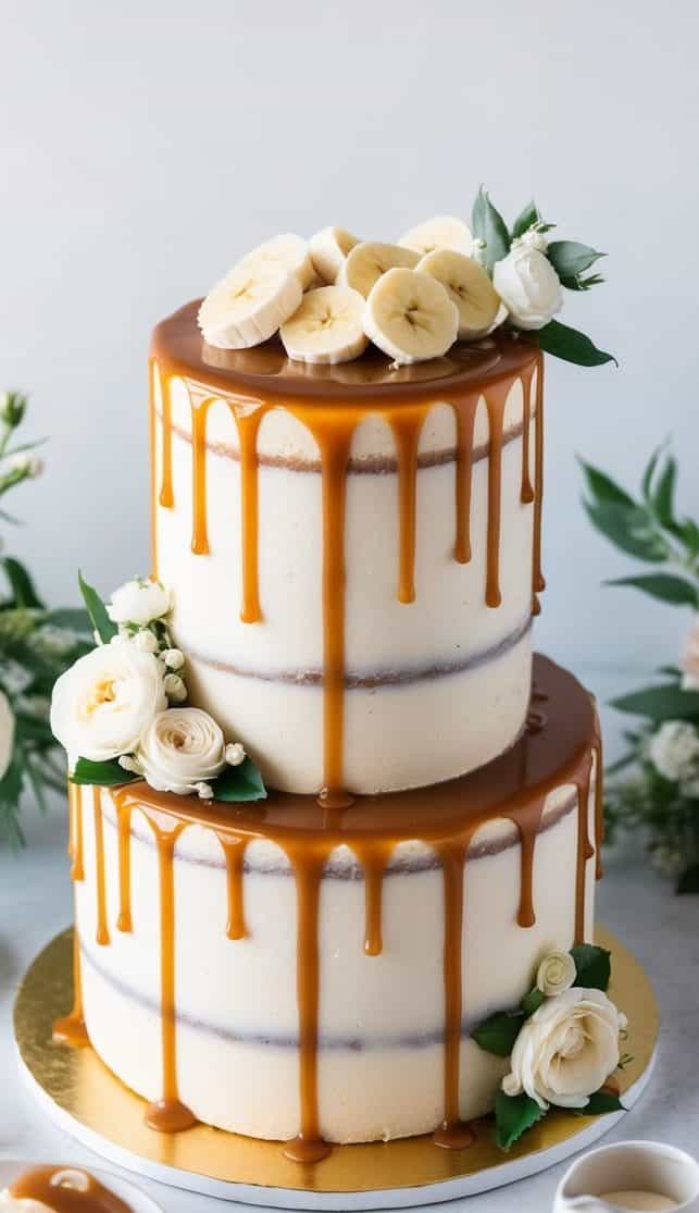 A two-tiered cake with white frosting and caramel drizzle, topped with banana slices and roses. The cake is decorated with white flowers and green leaves, with additional flowers and plates on the table.