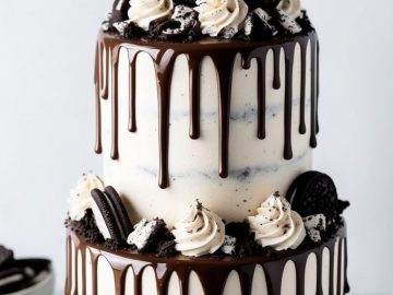A two-tiered cake with white frosting, topped with chocolate drips, cream swirls, and chocolate cookies. Surrounding the cake are bowls filled with cookies, creating a visually enticing dessert presentation.