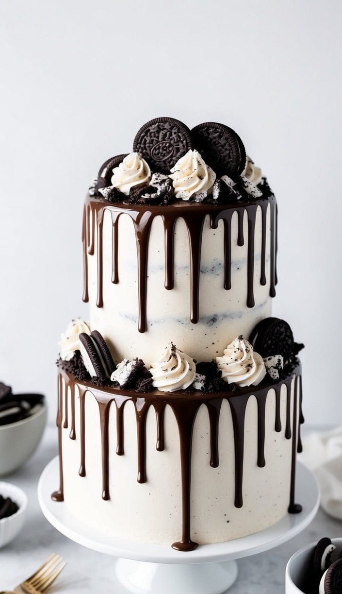 A decadent Cookies and Cream Drip Cake with a cascading drizzle of rich chocolate ganache, topped with cookie crumbles and creamy frosting
