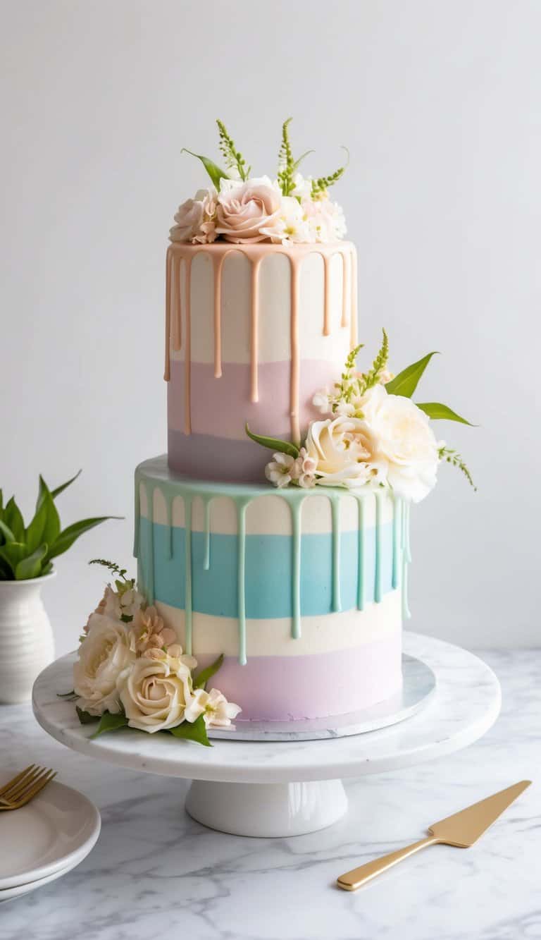 A vanilla ombre drip cake sits on a white marble table, with elegant drips of pastel-colored icing cascading down the sides