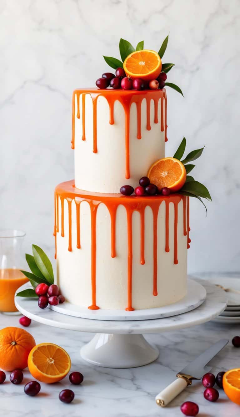 A vibrant orange cranberry drip cake sits on a white marble table, adorned with fresh cranberries and a cascading orange glaze