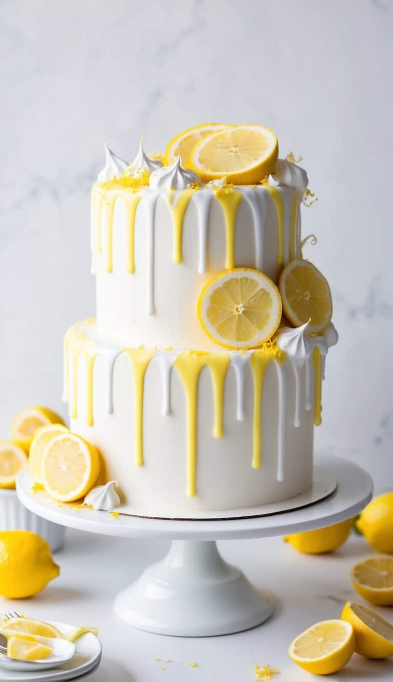 A lemon meringue drip cake with a cascading yellow and white meringue dripping down the sides, adorned with fresh lemon slices and zest, sitting on a pristine white cake stand