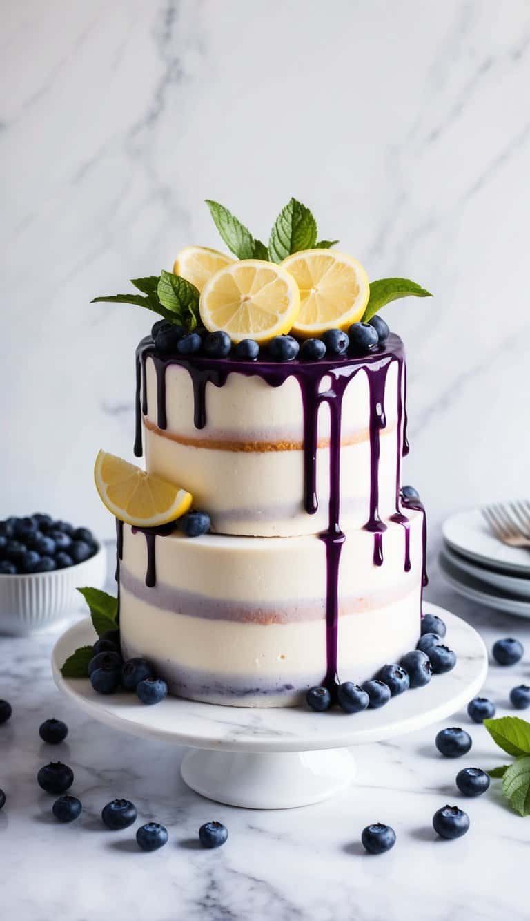 A lemon blueberry drip cake sitting on a white marble table with fresh blueberries scattered around it, a vibrant drip of blueberry glaze cascading down the sides