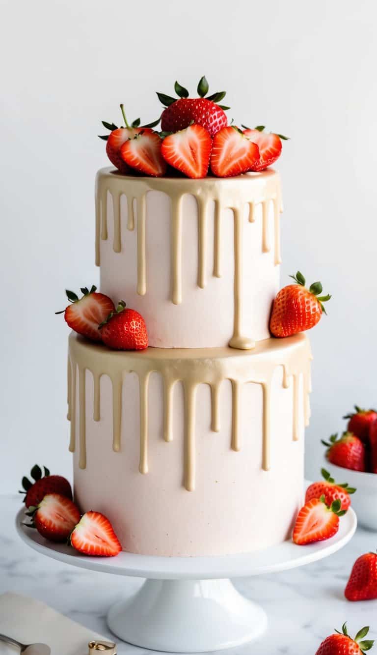 A champagne strawberry drip cake with elegant dripping icing and fresh strawberries on top, set against a clean, white background