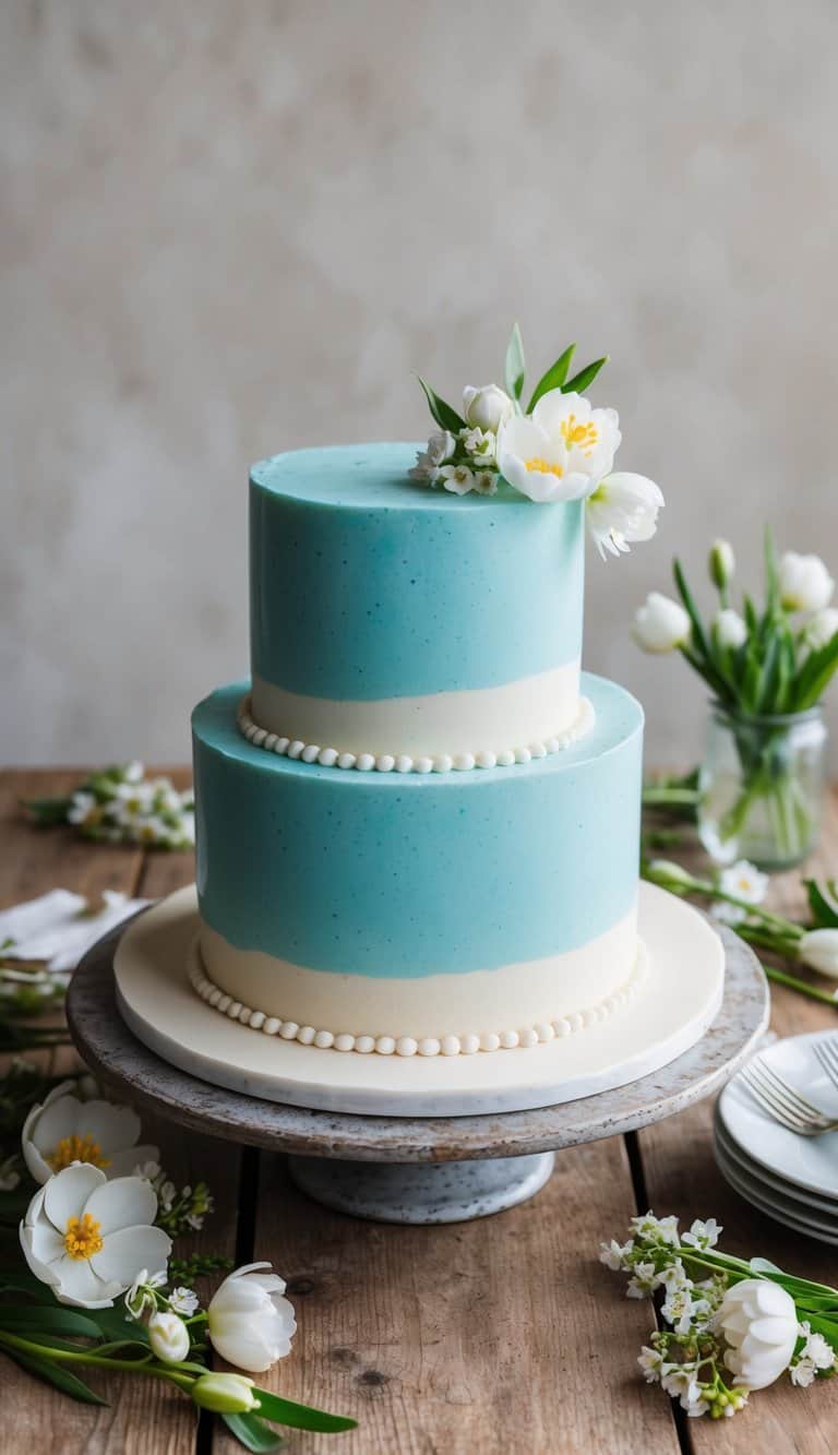 A robin's egg blue cake with speckled glaze sits on a rustic wooden table surrounded by blooming spring flowers