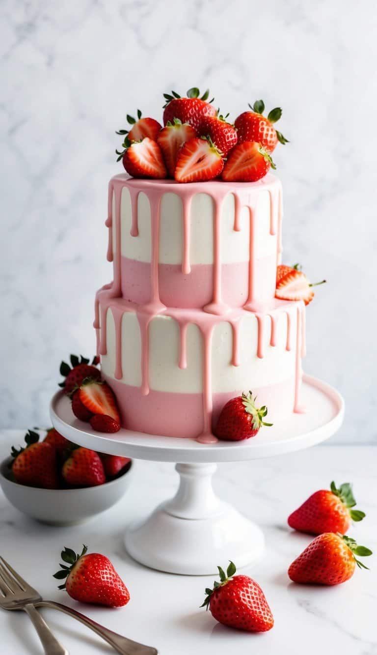 A strawberry shortcake drip cake with cascading pink icing and fresh strawberries on a white cake stand