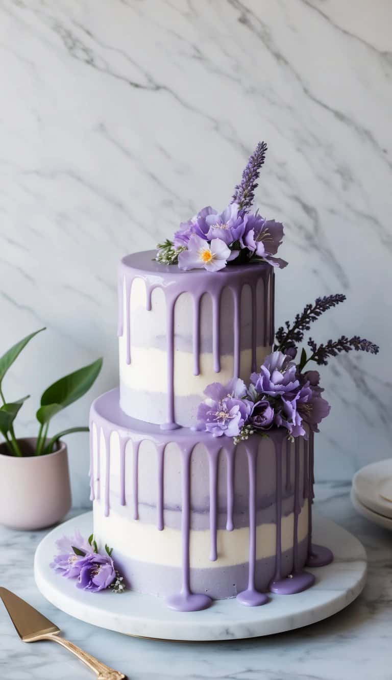 A lavender Earl Grey drip cake sits on a marble countertop, adorned with delicate purple flowers and drizzled with a cascading lavender glaze