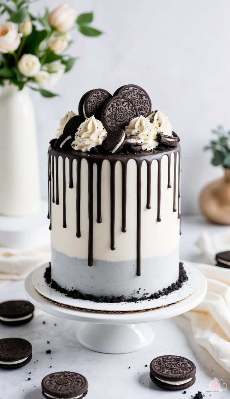 A decadent Oreo cookie drip cake with a cascading drizzle of frosting and cookie crumbles on top, surrounded by elegant drip cake ideas