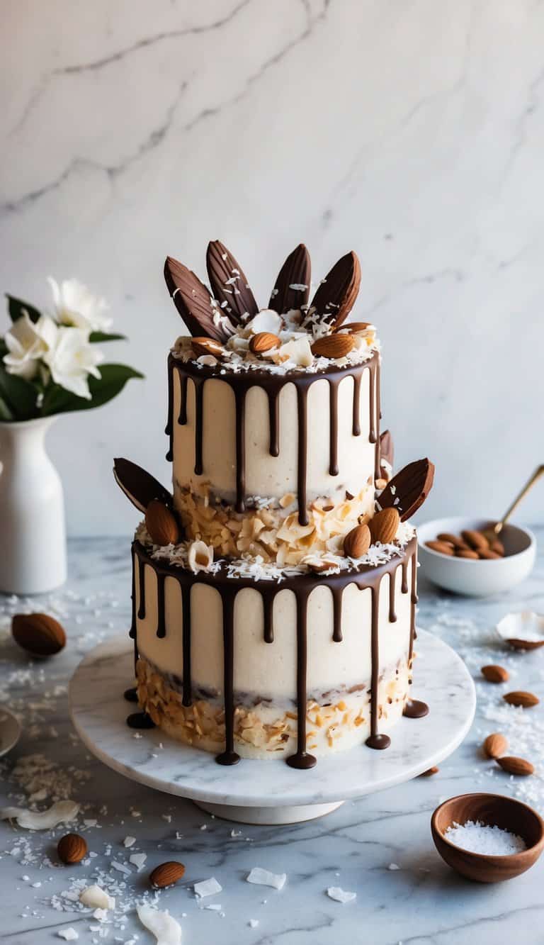 A decadent Almond Joy drip cake adorned with chocolate, coconut, and almonds sits on a marble countertop surrounded by scattered coconut flakes and chocolate drizzle